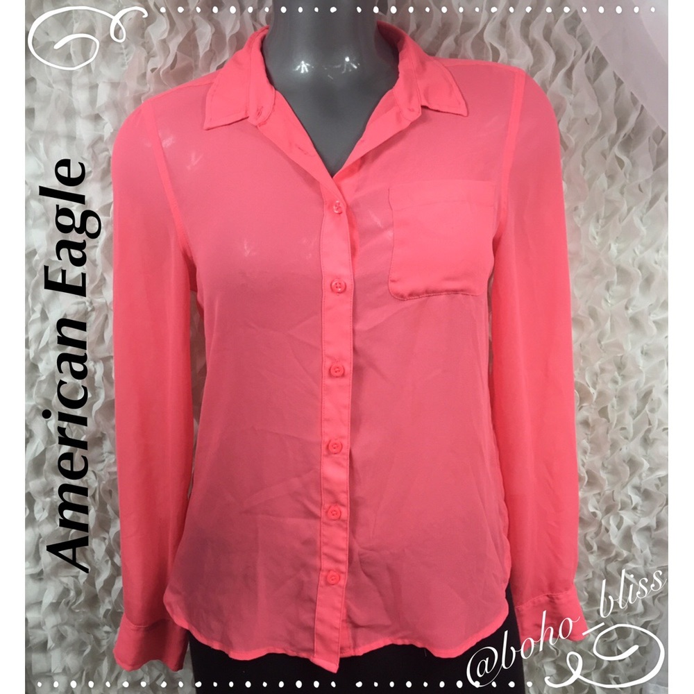 AMERICAN EAGLE | Bright Coral Sheer Button Blouse - Picture 1 of 6